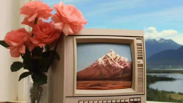 Vintage CRT Monitor Window Perch: Mountain Image, Forest and Lake Backdrop