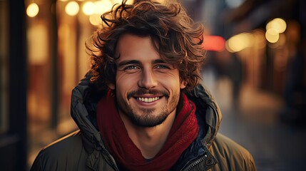 Closeup of happy smiling guy looking at camera on background. Man face portrait illustration. Generative AI - obrazy, fototapety, plakaty