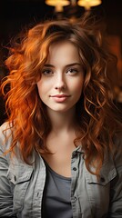 Fototapeta premium Headshot of happy girl smiling looking at camera posing with loose hair wearing casual clothes over background. People portrait illustration. Generative AI