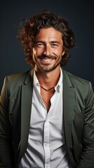 Obraz premium Happy caucasian young man using smart phone cellphone for calls, social media, mobile application online in background. Man portrait illustration. Generative AI