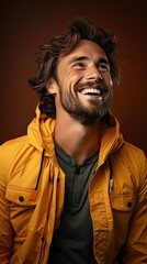 Obraz premium Man laughing in orange studio, close up. Smile emotion illustration. Generative AI