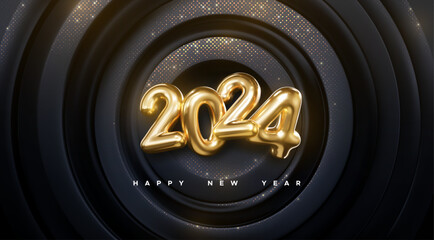 Happy New 2024 Year. Vector holiday illustration of golden numbers 2024 on black radial background - 670739394