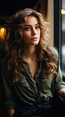 Fototapeta premium Sad,pensive young woman drinking coffee and looking out of the cafe window. Sad emotion illustration. Generative AI