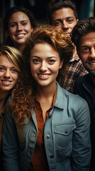 Fototapeta premium Multi ethnic people of different age looking at camera collage mosaic horizontal banner. Many lot of multiracial business people group smiling faces headshot portraits. Generative AI art