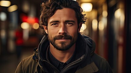Handsome mid adult man smiling and looking at camera. Portrait of happy young casual man. Close up portrait of hispanic guy standing outdoor. Man face portrait illustration. Generative AI