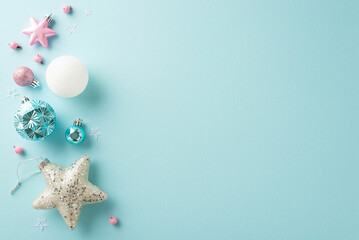 A sophisticated winter holiday affair with trendy decorations. Overhead shot of baubles, gleaming...