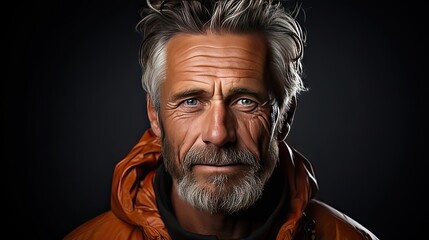 Portrait Of A Mature Man Smiling At The Camera. on white. Left side. Man face portrait illustration. Generative AI