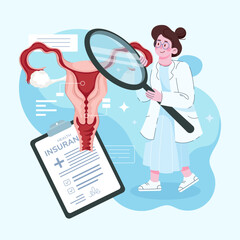 Gynecological examination for women. A gynecologist consults a patient about fallopian tube ovarian diseases. Research of the female reproductive system treatment and therapy. Vector illustration