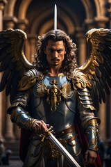 Archangel Gabriel in his armor and sword.