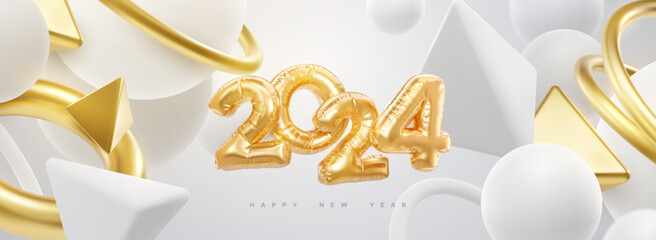 Happy New Year 2024 golden foil balloons and flowing 3d geometric shapes on white background. - 670739953