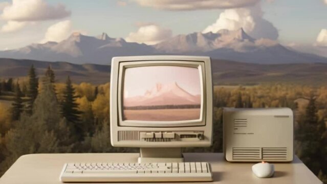 Vintage Desktop Computer: Desk Set, Woods and Mountain Forest Backdrop