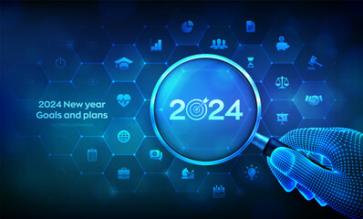 2024 New year Goals and plans. Business plan and strategies. Goal acheiveement and success in 2024 concept with magnifier in wireframe hand and icons. Resolutions, plan, action, checklist. Vector.