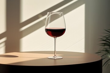 Glass of red wine on the table. Sunset. Copy space. Generative AI