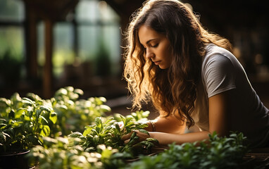 Young, calm, beautiful girl plants flowers in the greenhouse.