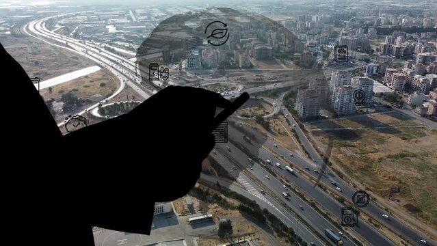 Intelligent Vehicles Cars Communicating Ai Logistic Autonomous Delivery Vehicles IoT GPS Tracking Satellite 5G Smart Roads Traffic Road Junction Interchange Motorway Triangulation Of Traffic Data