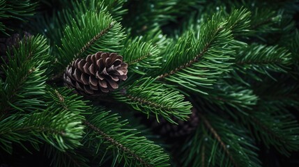 Fir tree branches with cones, Christmas, New year background concept. Texture of pine cones and spruce branches. Christmas tree with cone in forest. Dark moody botanical wallpaper..