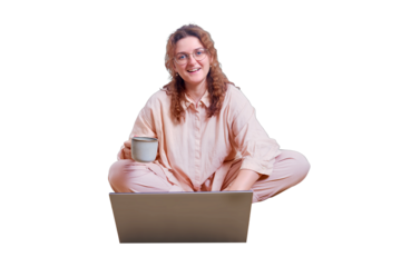 Happy woman studying online with laptop on home bed, isolated on a white background. Student remotely learns during isolation due to coronavirus