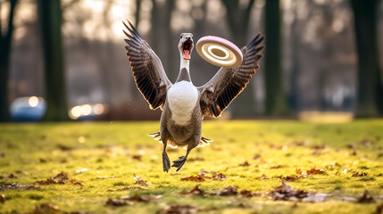 Male mallard duck (Anas platyrhynchos) flying over water. White goose flying over the grass with a frisbee in its beak.  - obrazy, fototapety, plakaty