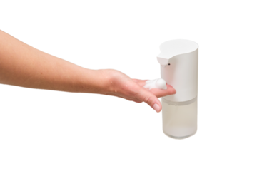 Woman in white bathrobe washing her hands with soap in the bathroom, isolated on white background