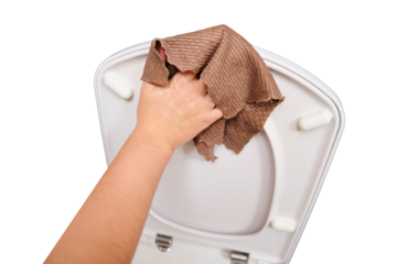 Woman cleaning toilet bowl with wet wipe in bathroom, isolated on white background