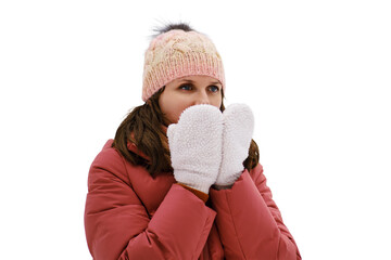 Portrait of an adult woman in a winter jacket against the background of snowy nature, isolated on...