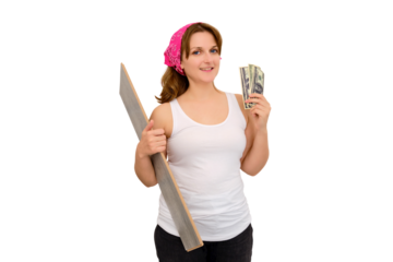 Payment of workers engaged in repairs of apartments, isolated on a white background. Satisfied repairman looks at the money and smiles, dollar cash. Money for the repair of new housing.