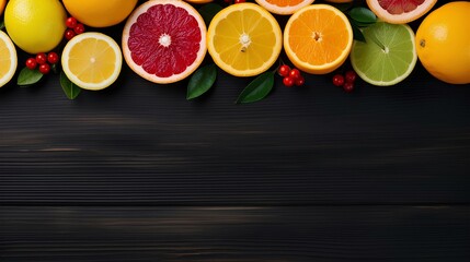 Assorted citrus fruits on a black wooden background from top view. generative AI