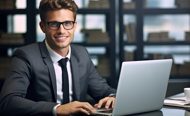 Handsome Businessman Working with Laptop Computer, Male Manager Works in Modern Office, Analysis Data Statistics and Business Planning.