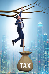 Businessman hanging on tree branch