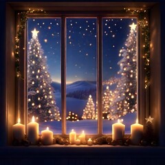 Fototapeta na wymiar A window adorned with soft candles and glittering star decorations, symbolizing the warmth and enchantment of Christmas night, generative AI