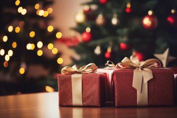 Gifts in front of a christmas tree. Christmas presents on floor near fir tree. Generative AI