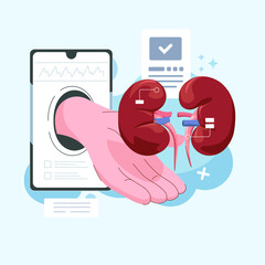 Medical persons checking human organ for surgery flat vector illustration. Nephrology medicine concept for banner website design or landing web page