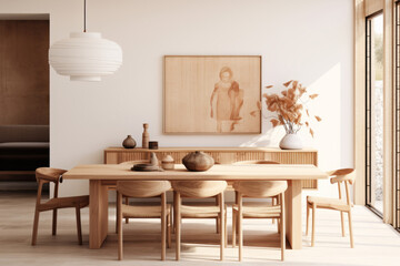 Dining room in a scandinavian style with neutral decor and lamp above the table, minimalist interior style. Generative AI - obrazy, fototapety, plakaty