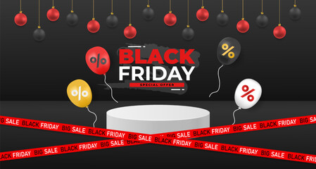 Black friday background with balloon. Podium for product presentation. Christmas tree realistic toy on red and black color. Sale Banner on black background. Vector illustration