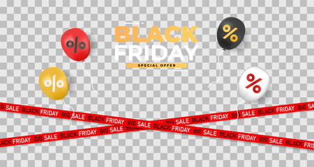 Black friday background with balloon. Podium for product presentation. Christmas tree realistic toy on red and black color. Sale Banner on transparent background. Vector illustration