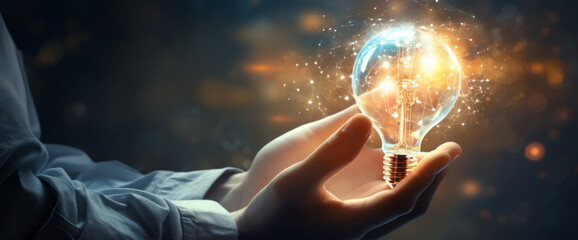 hand holding creative blue light bulb with technology network icon. Entrepreneur pitching a business idea - stock photography concepts