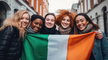 cheerful friends holding the flag of Ireland on the street of Dublin, young smiling Irish women, symbol of the country, St. Patrick's Day, international, joyful girls in the city, national, green - obrazy, fototapety, plakaty
