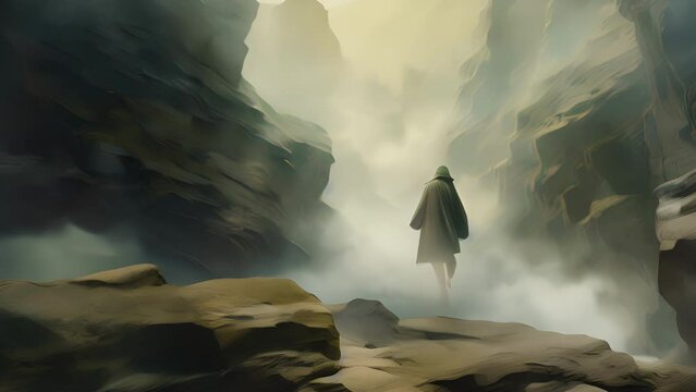 Closeup of a lone figure standing on the edge of a cliff, their cloak billowing in the wind and casting a shadow over the rocky terrain below. What secrets lie within the depths of the ravine