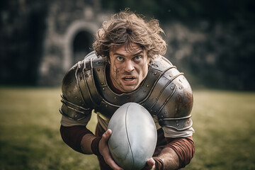 Rugby player as a fantasy warrior with medieval armor