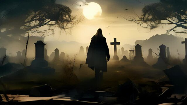 Closeup A forgotten graveyard, overgrown with weeds and crumbling gravestones, holds a sense of foreboding and mystery. At the center, a hooded figure stands, casting a shadow over the graves