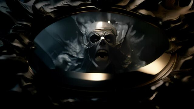 Closeup of a cursed mirror, warped and twisted with jagged edges and a dark, ominous aura. Within its reflective surface, faces contort and scream in agony, ped for eternity.
