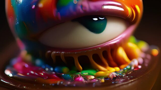 Closeup An eyeball made entirely out of rainbowcolored jelly beans, with melted chocolate oozing out from the center.