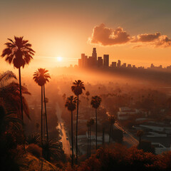 peaceful sunset over california, urban jungle skyline with skyscrapers