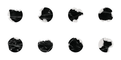 Black Torn Paper Circle Shape. Set of Torn Colored Papers with Different Elliptical Shaped Edges, Isolated