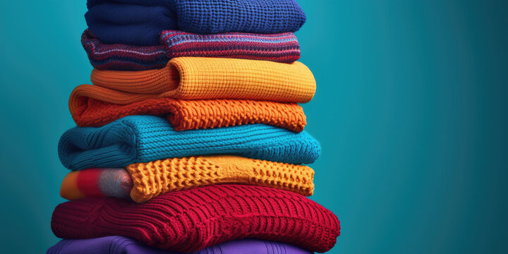 Pile of textured, multicoloured wooden sweatersjumpers