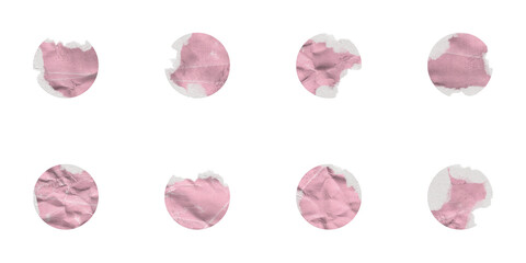 Pink Torn Paper Circle Shape. Set of Torn Colored Papers with Different Elliptical Shaped Edges, Isolated