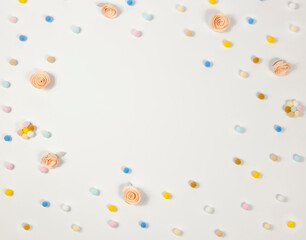 Greeting card template on white background with empty space in the middle, top view, copy space.