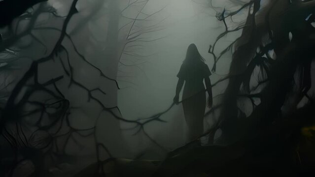 Closeup The thick fog seemed to swallow her whole, the eerie moans of unseen creatures sending chills down her spine as she struggled to find her way out of the haunted forest.