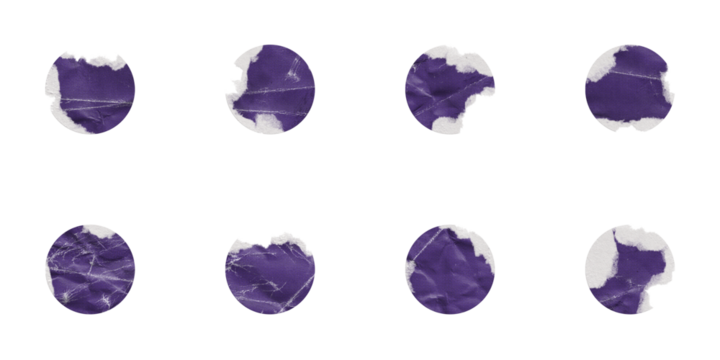 Purple Torn Paper Circle Shape. Set of Torn Colored Papers with Different Elliptical Shaped Edges, Isolated