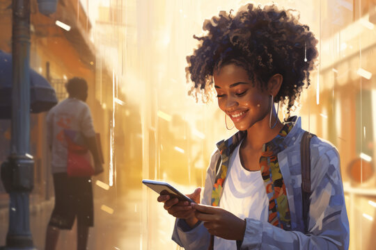 Young adult smiling happy pretty latin woman holding mobile phone looking at smartphone, typing message doing e commerce shopping using apps on cellphone isolated on plain background